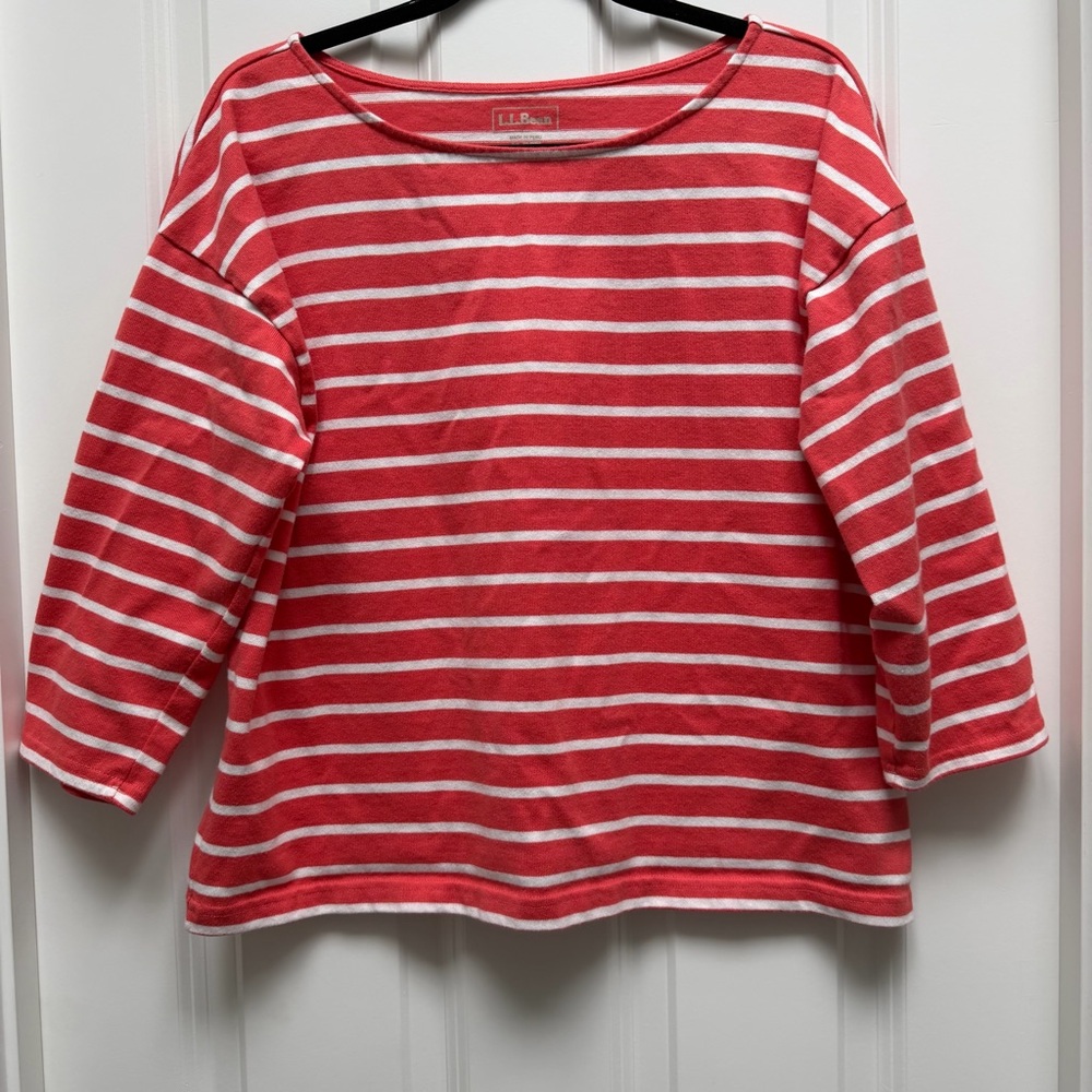 L.L. BEAN HERITAGE MARINER TOP BOATNECK 3/4 SLEEVE STRIPES ORANGE MEDIUM PETITE